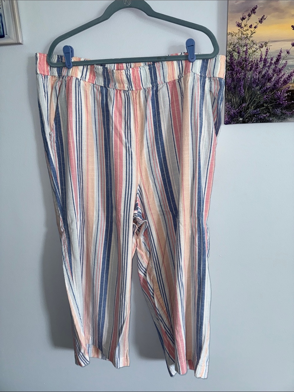 2X Striped Wide-Leg Linen Blend Pants - Pink, Blue, Cream